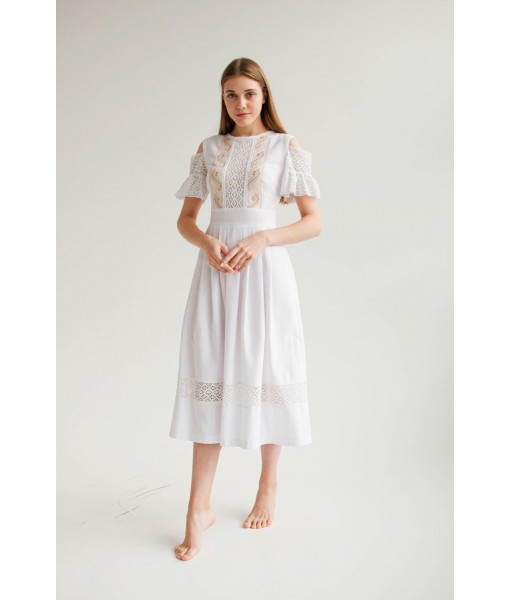 Lace and Linen Bohemian Off-the-Shoulder Dress