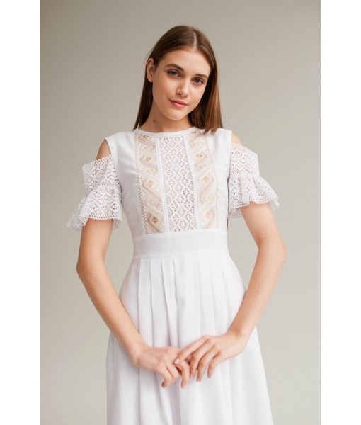 Lace and Linen Bohemian Off-the-Shoulder Dress