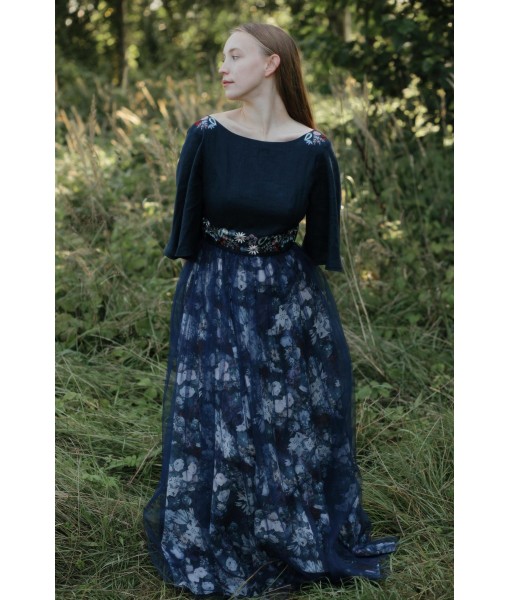 Navy and black wildflower embroidered halter dress