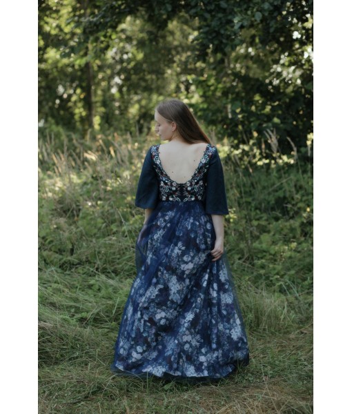 Navy and black wildflower embroidered halter dress