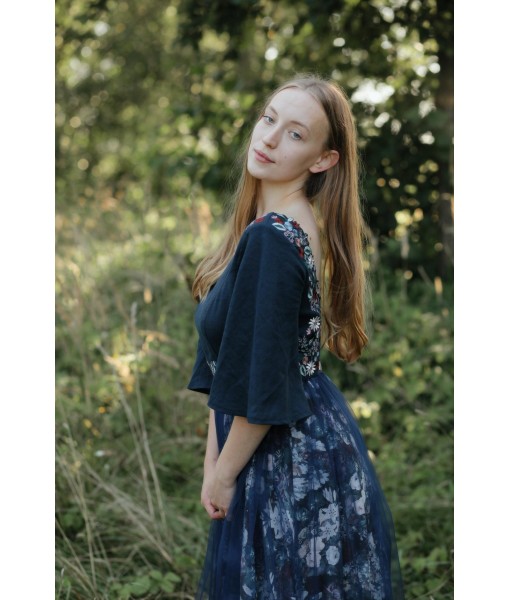 Navy and black wildflower embroidered halter dress