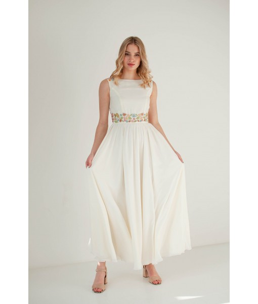 Ivory Floral Embroidered Open Back Dress