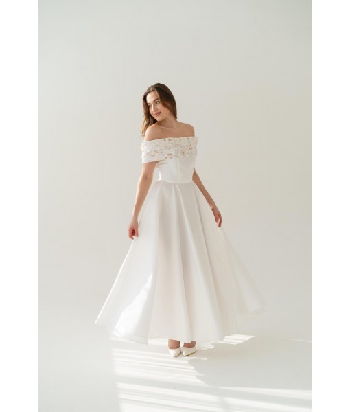 Gold Embroidered Off-The-Shoulder Satin Dress