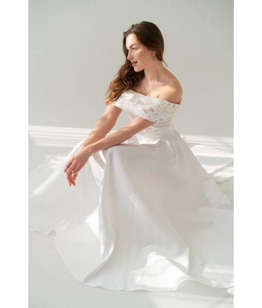 Gold Embroidered Off-The-Shoulder Satin Dress
