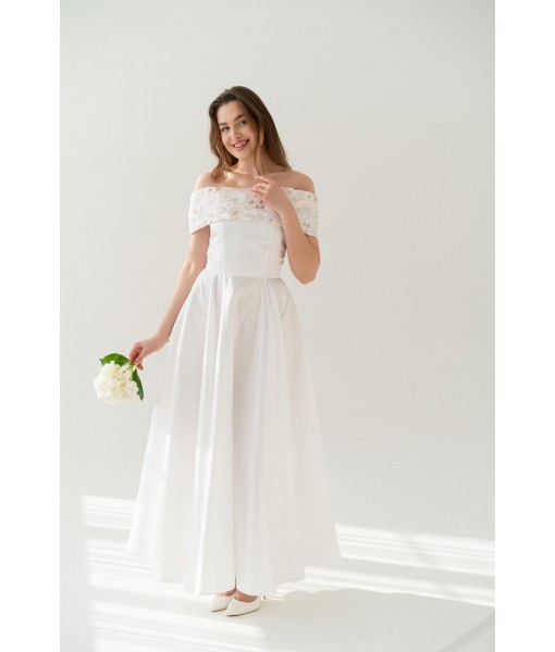 Gold Embroidered Off-The-Shoulder Satin Dress