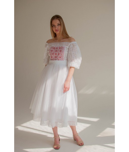 White puff sleeve pale pink embroidered dress