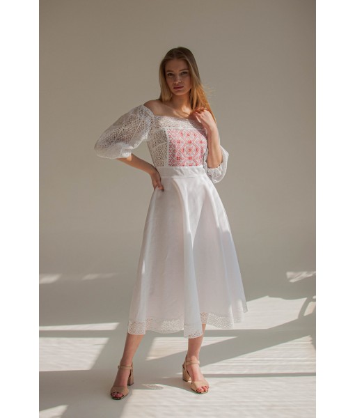 White puff sleeve pale pink embroidered dress