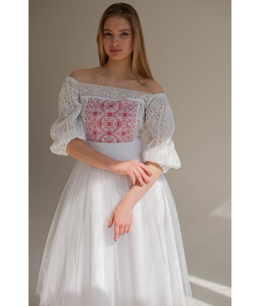 White puff sleeve pale pink embroidered dress