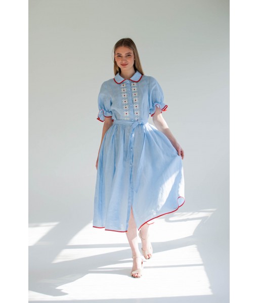 Blue Linen Dress with Red Trim