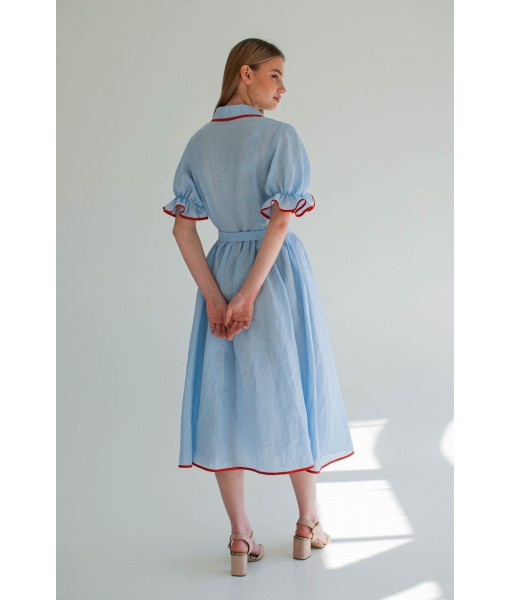 Blue Linen Dress with Red Trim