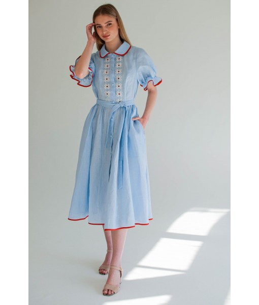 Blue Linen Dress with Red Trim