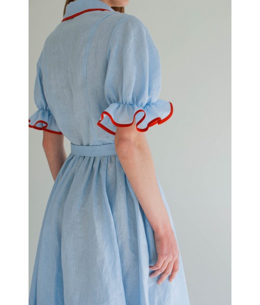 Blue Linen Dress with Red Trim
