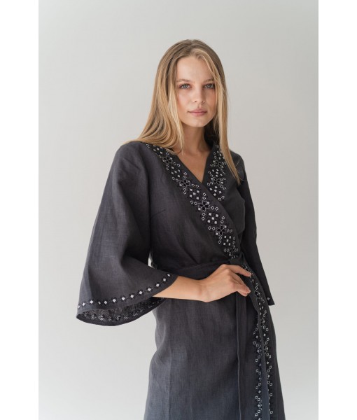 Charcoal Grey Geometric Embroidered Wrap Dress