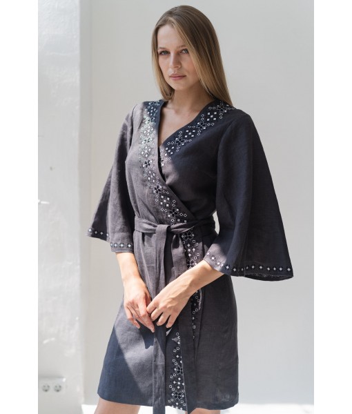 Charcoal Grey Geometric Embroidered Wrap Dress