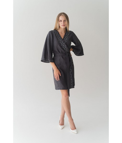 Charcoal Grey Geometric Embroidered Wrap Dress