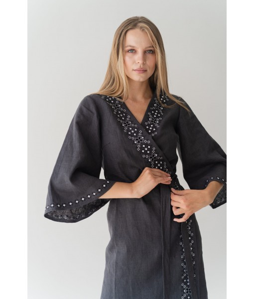 Charcoal Grey Geometric Embroidered Wrap Dress