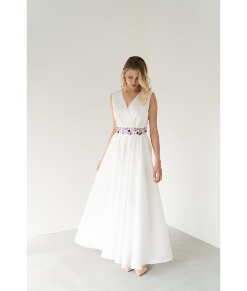 White Plain Satin V-neck Dress